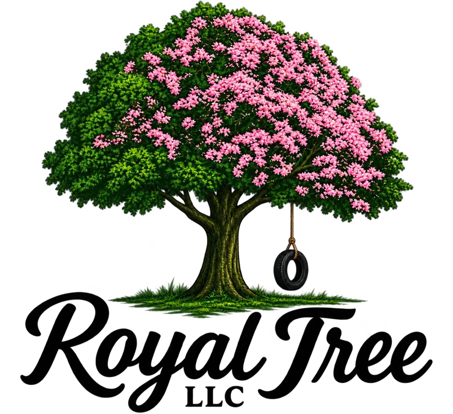 Flowering tree with tire swing from the Royal Tree LLC logo